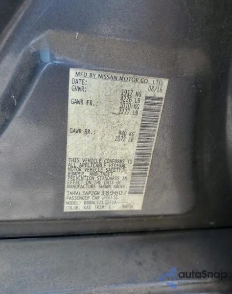 2016 Nissan Altima 2.5 from USA, damaged, VIN 1N4AL3AP2GN389607